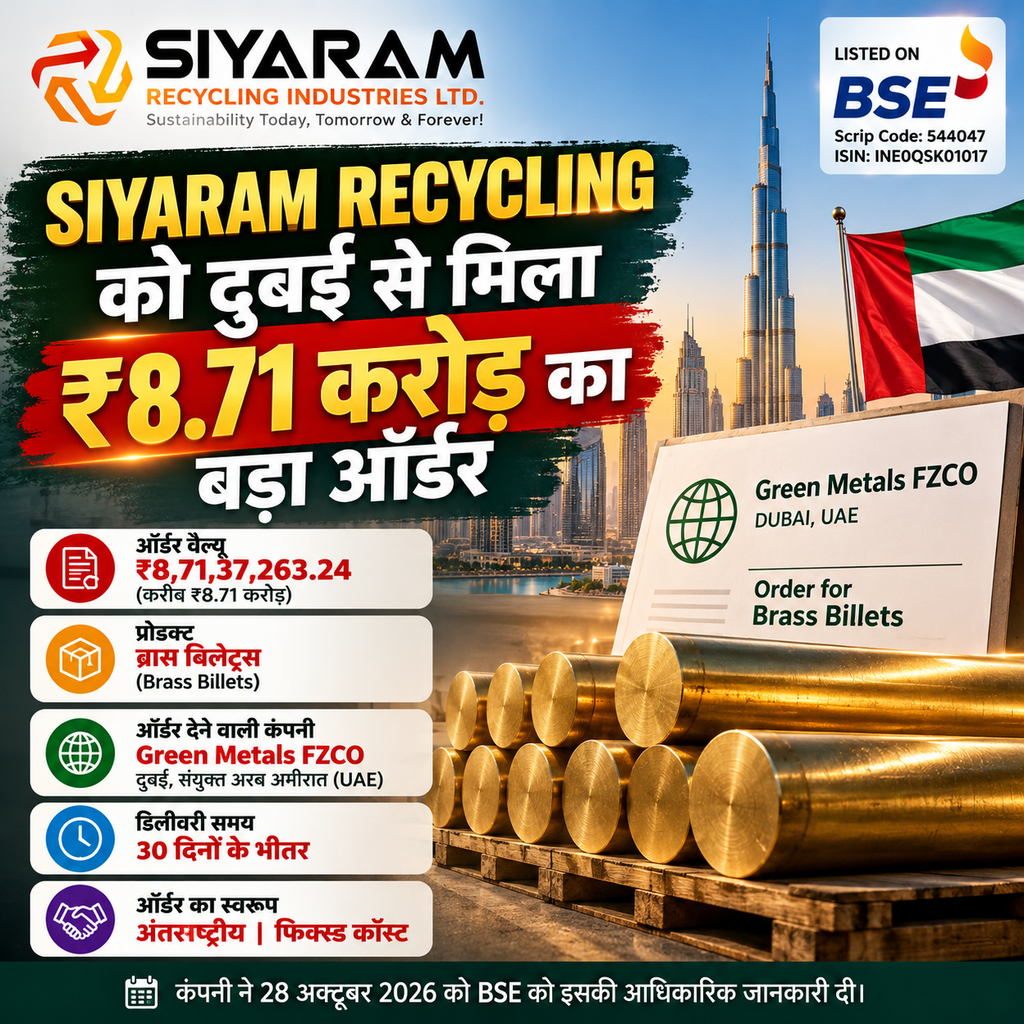 Siyaram Recycling को दुबई से मिला ₹8.71 करोड़ का बड़ा ऑर्डर